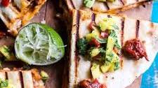 Fiesta Chicken Quesadillas with Chipotle Relish and Mango Salsa.