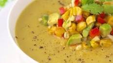 Fresh Corn Soup with Roasted Corn and Avocado Salsa