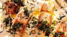 Garlic Butter Baked Salmon In Lemony Parmesan Cream