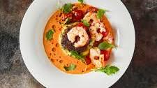 Garlic & Chilli Jumbo Prawns, Saffron Potato Cake & Romano Velouté