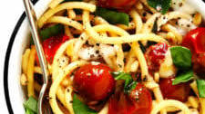 Garlicky Pasta with Burrata, Basil and Burst Cherry Tomatoes