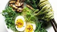 Ginger Miso Soup With Green Tea Soba Noodles, Grilled Shiitake Mushrooms And Broccolini