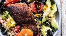 Glowing Citrus, Avocado, Quinoa, and Blackened Salmon Salad.
