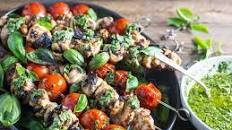 Grilled Lemon-Garlic Chicken and Tomato Kebabs With Basil Chimichurri