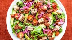 Grilled Mackerel Salad with Tomatoes, Rocket, Avocado, Garlicky Croutons and Red Pesto