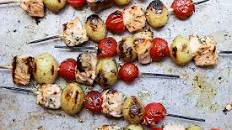 Grilled Salmon, Potato and Tomato Kebabs