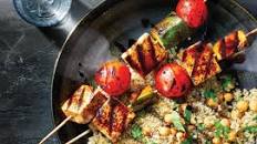 Grilled Tofu Kabobs with Rhubarb-Balsamic Glaze and Quinoa Pilaf