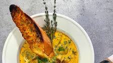 Halibut Andouille Chowder with Herbed Parmigiana Crustini