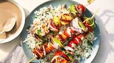 Halloumi-and-Vegetable Skewers with Pomegranate-Tahini Sauce