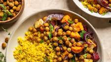 Herb Spiced Roasted Root Vegetables with Spiced Chickpeas and Lemon Rice