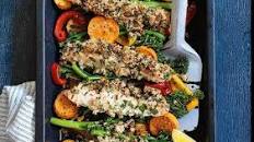 Herb-crusted salmon, broccolini and sweet potato bake