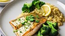 Honey Mustard Glazed Trout with Lemon Herb Couscous and Steamed Broccoli