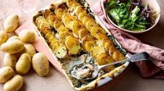 Jersey-Royal-topped salmon and spinach pie