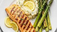 Lemon Herb Grilled Salmon with Garlic Mashed Potatoes and Roasted Asparagus