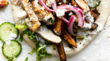 Lemony Greek Chicken Pitas with Oven Roasted Fries & Tzatziki-ish Herbed Yogurt Drizzle