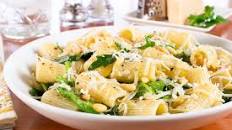 Lemony Rigatoni with Spinach, Arugula, and Pine Nuts
