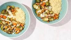 Mango Glazed Brussels and Chickpeas with Bulgur & Tahini Butter