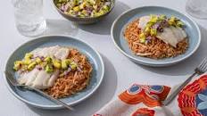 Mango Salsa Baked Cod with BBQ Slaw Rice