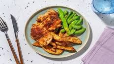 Maple-Mustard Glazed Tofu with BBQ-Spiced Wedges and Sugar Snap Peas