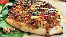 Maple Mustard Halibut with Pecan-Quinoa Topping