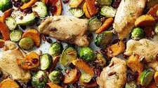 Maple-Roasted Chicken Thighs with Sweet Potato Wedges and Brussels Sprouts