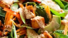 Marinated Tofu, Avocado, and Spinach Salad with Creamy Toasted Sesame & Soy Dressing