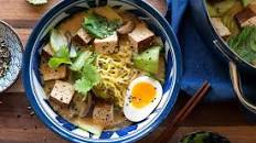Miso ramen bowls with braised tofu and bok choy