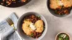 One-Pan BBQ Beef Tamale Pie with cheddar cornbread topping