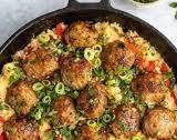 One Pan Firecracker Chicken Meatballs with Pineapple Rice
