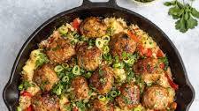 One Pan Firecracker Chicken Meatballs with Pineapple Rice