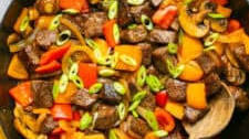One Skillet Beef Tips with Peppers and Onions