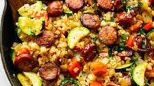 One Skillet Sausage with Veggies and “Rice” {Paleo, Whole30, Keto}