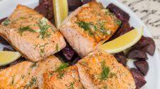 Pan-Seared Salmon with Lemon-Dill Butter + Roasted Purple Sweet Potatoes