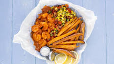 Peri-Peri Prawns with Corn Salsa and Sweet Potato Chips