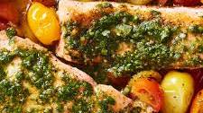 Pesto Salmon with Burst Tomatoes