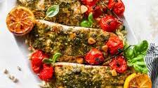 Pesto Salmon with Roasted Tomato Orzo