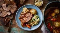 Pot roast brisket with dumplings, colcannon and horseradish sauce