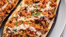 Quinoa Stuffed Eggplant with Tahini Sauce