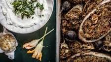 Quinoa-Stuffed Eggplant with a Roasted Garlic Raita