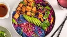 Rainbow glass noodle salad with tofu and red cabbage slaw