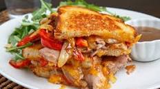 Roast Beef Grilled Cheese Sandwich with Caramelized Onions, Peppers and Horseradish