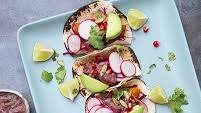 Roast Delicata Squash Tacos With Avocado, Oaxaca Cheese And Purple Tomatillo Salsa