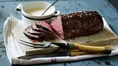 Roast fillet of beef with roasted garlic and mustard cream