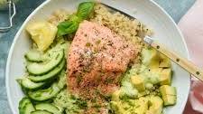 Roasted Salmon Quinoa Bowls with Avocado, Cucumber & Green Goddess Dressing