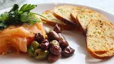 Salmon Mousse Garlic Herb Crostini, Mezze Mix