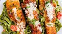 Salmon Spinach Fettuccini with Creamy Feta & Garlic Sauce