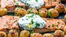 Salmon with Dill Sauce and Roasted Baby Potatoes Sheet Pan Dinner
