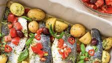 Sea Bass Salmoriglio with Tomato and Black Olive Salsa