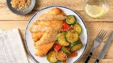 Seared Tilapia and Honey Mustard Sauce with zucchini and peppers