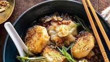 Sesame Chicken Dumplings in Spicy Broth with Garlic Crisps